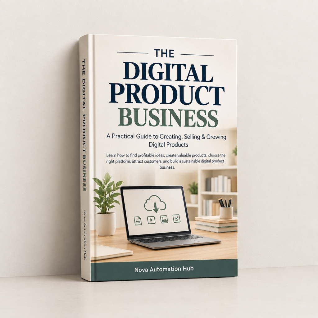 The Digital Product Business ebook mockup showing a practical guide to creating, selling and growing digital products online.