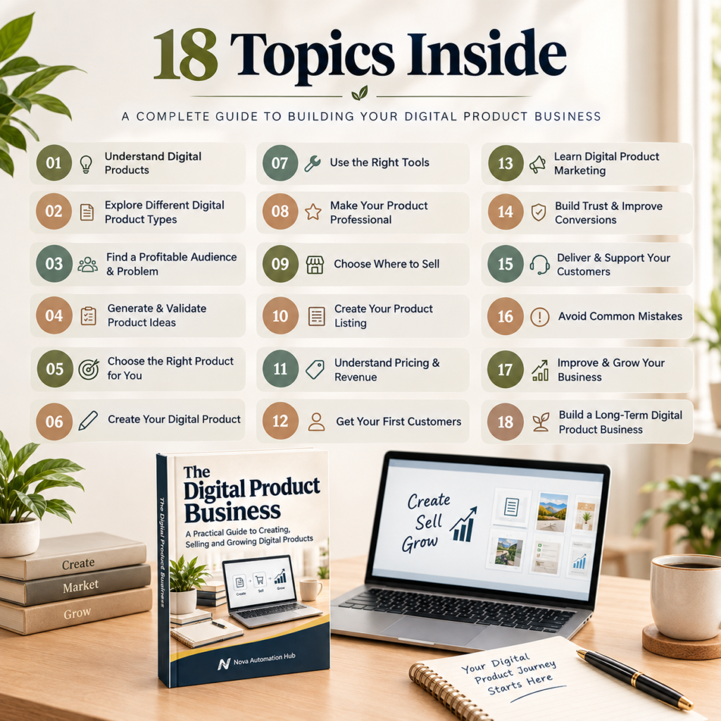 The Digital Product Business ebook showing 18 practical topics covering how to create, sell, and grow digital products.