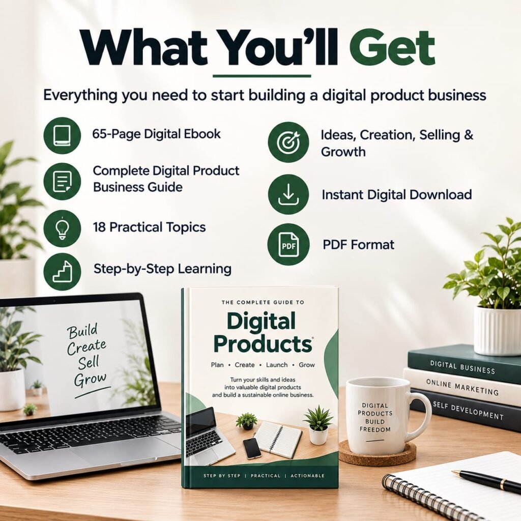 What you will get with The Digital Product Business ebook, including a 65-page digital guide, 18 practical topics, step-by-step learning, and instant PDF download.