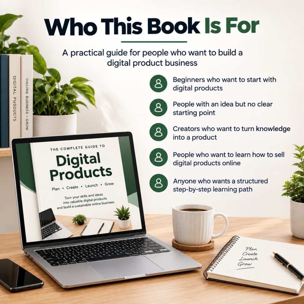 Who The Digital Product Business ebook is for, including beginners, creators, and anyone who wants to learn how to create and sell digital products online.