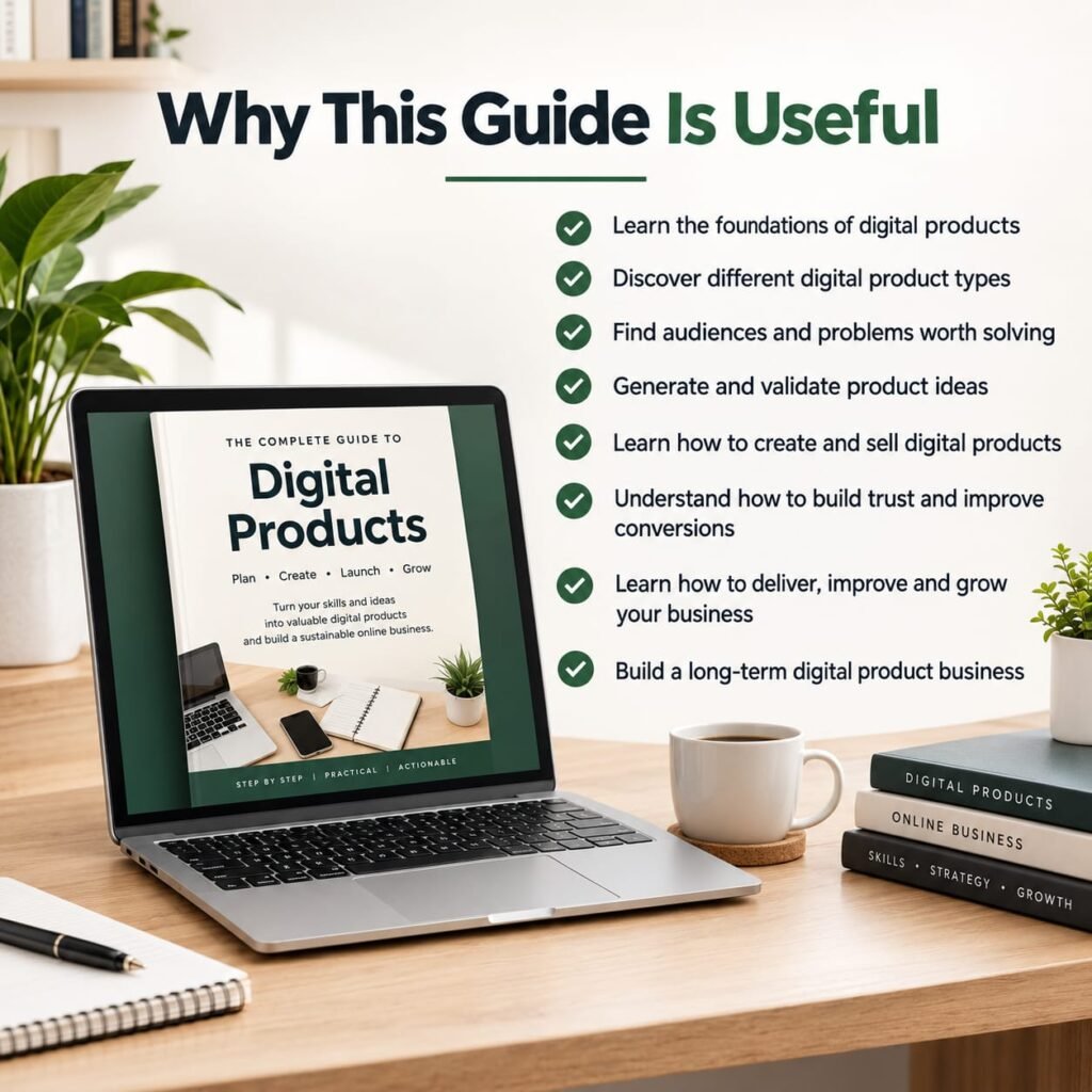 Why The Digital Product Business ebook is useful for learning how to create, sell, improve, and grow a digital product business.